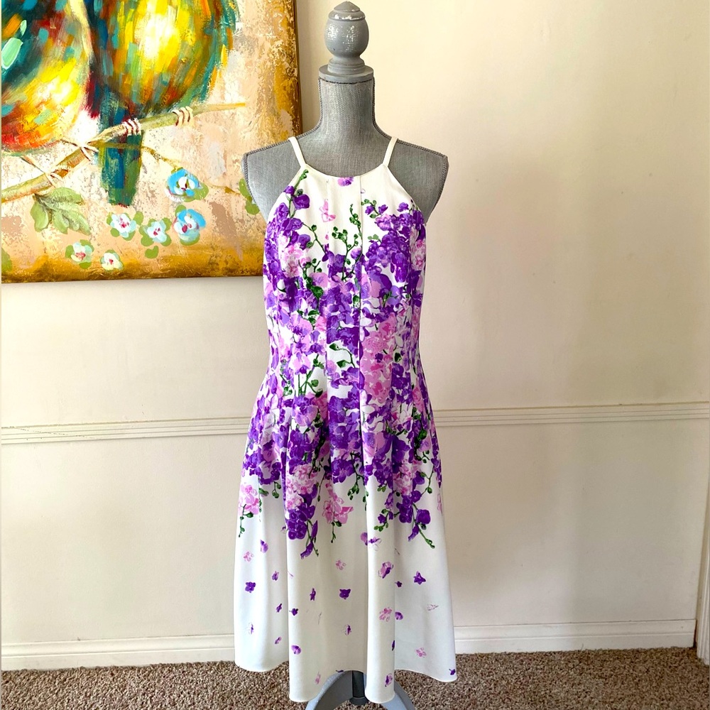 ADRIANNA PAPELL 💜🩷IVORY PURPLE🩷💜 FLORAL HALTER NECK FIT & FLARE DRESS🌟EUC🌟